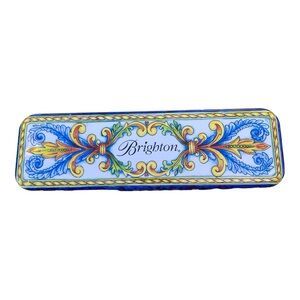 Brighton Tin Vintage Paisley Floral Blue White Gold 10”x 3”